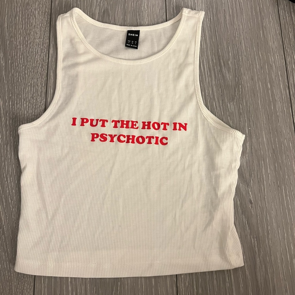 SHEIN White Tank Top with Bold Red Text